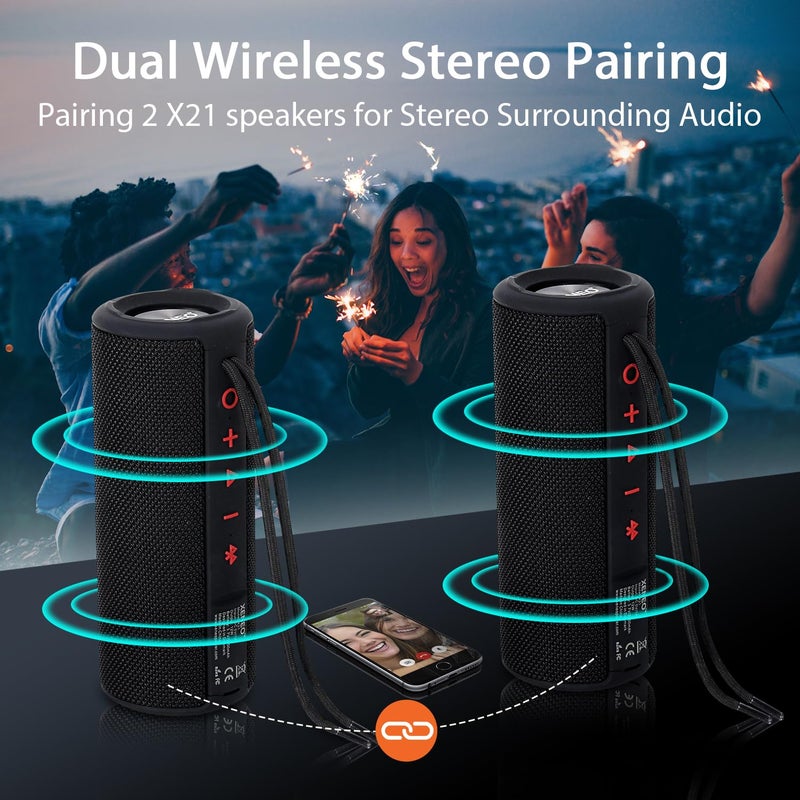 XENEO X21 Dual Portable Bluetooth Speakers Waterproof Outdoor Wireless Stereo Pairing with FM Radio, Micro SD Card, IPX6, Aux Jack 30W for Home, Office, Party and Travel (Pack 2 Black) - Image 2